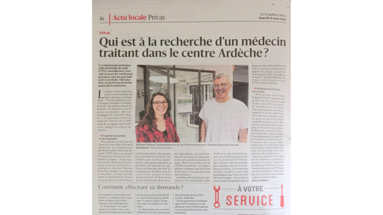 PRESSE, On parle de nous : « Qui est à la recherche d&rsquo;un médecin traitant dans le Centre Ardèche ? »